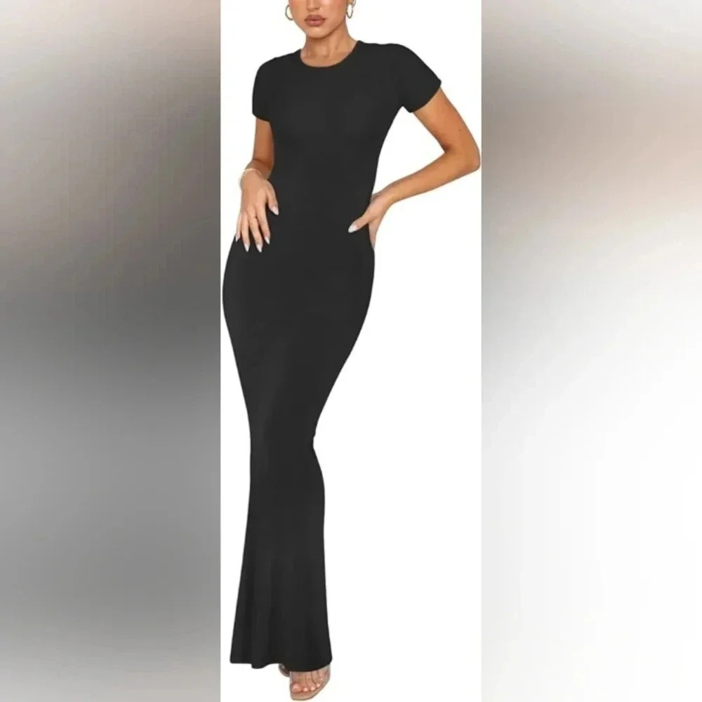 Summer Casual Lounge Long Dress Elegant Short Sleeve Crew Neck Bodycon dress